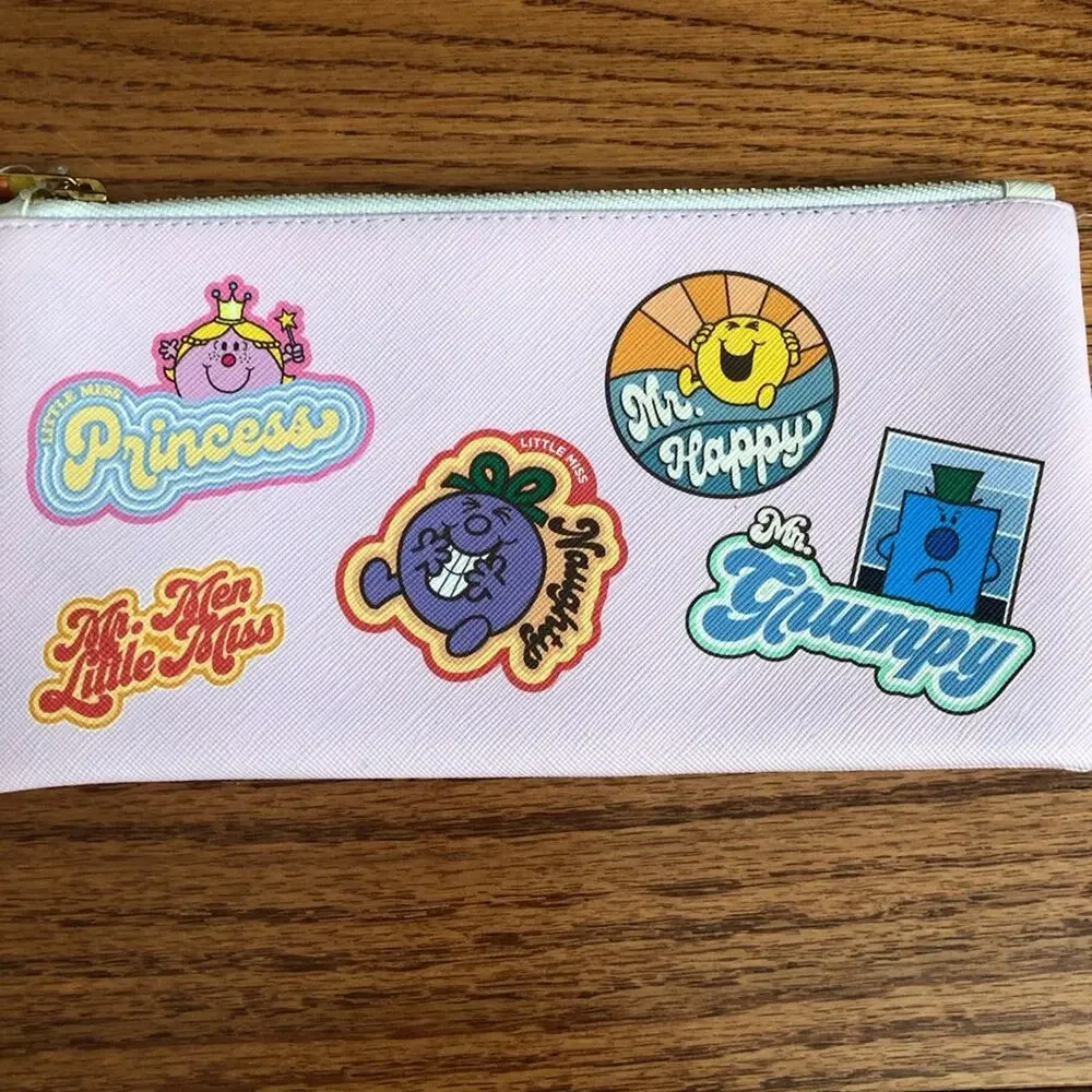 Little Miss Pink Pencil Accessories Pouch with Fun Characters Faux Leather NWT